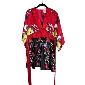 Lavendar Star Dress M Red Midi Floral Belted 80s Kimono Retro Artsy Flowy Preppy